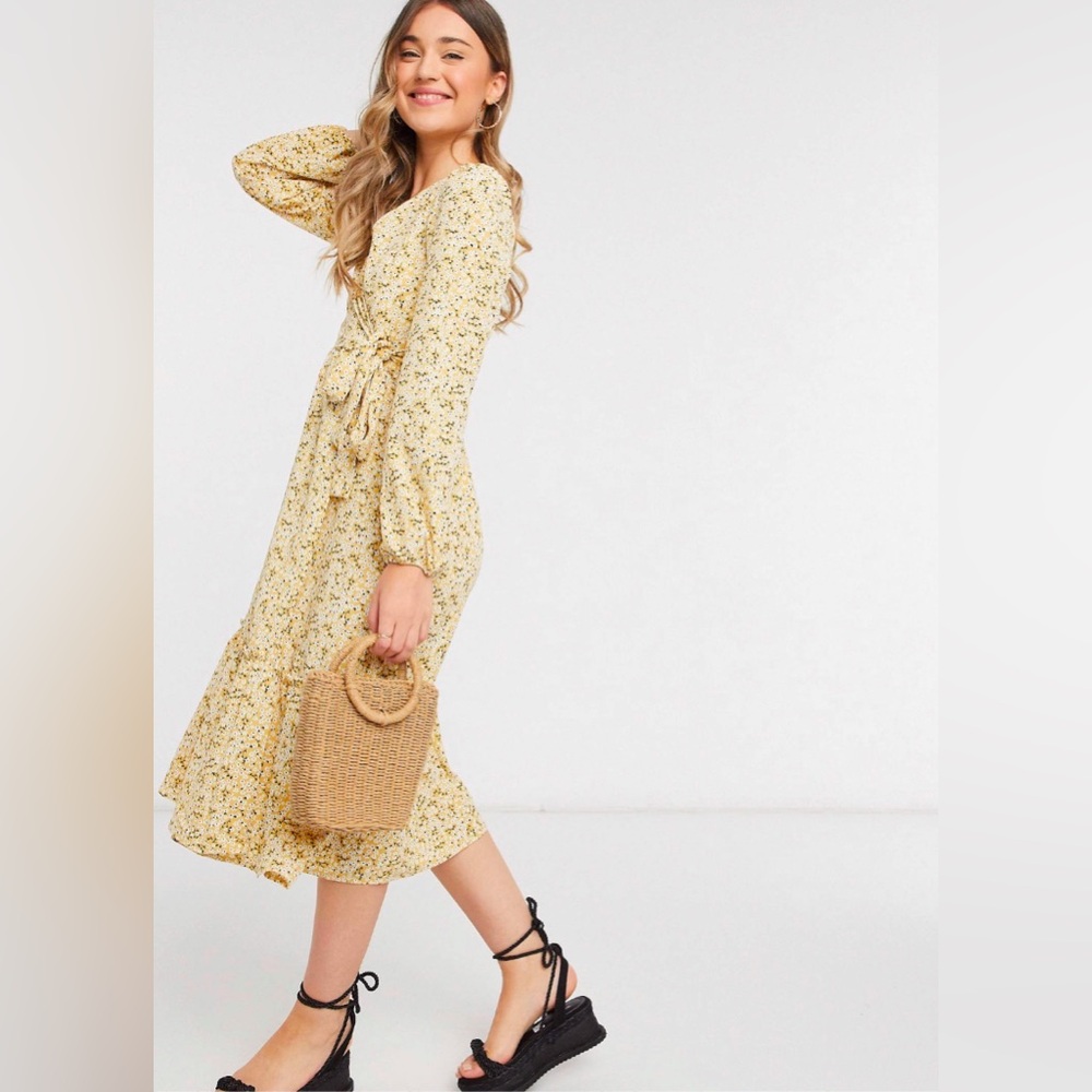 Monki Martina ditsy floral wrap midi dress in mustard